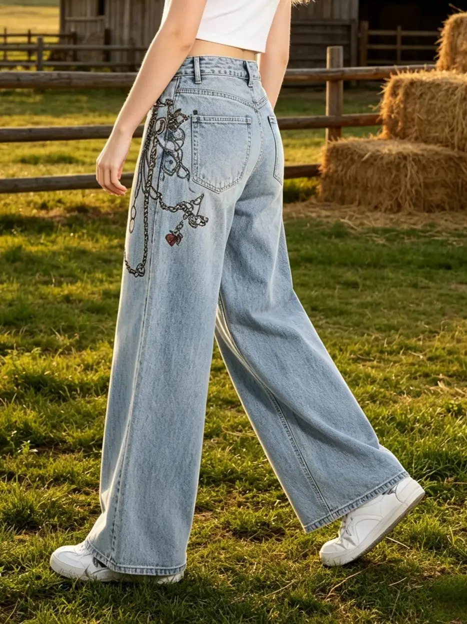 【HME】Jeans | Women Simulated Chain Pendant Print Denim Pants, High Waist Wide Straight Leg Denim Jeans, Light Blue Vintage Washed Texture, Draped Loose Fit Leg Flattering, Y2K Cool Girl Style, Eye-Catching Casual Pants For Daily Streetwear