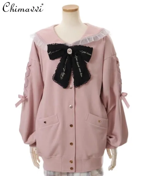 

Mine Series Mass-Produced Japanese Hoodies Sweet Fashion Embroidered Bow Sweet Sail Collar Black Long Sweatshirt Coat Autumn New