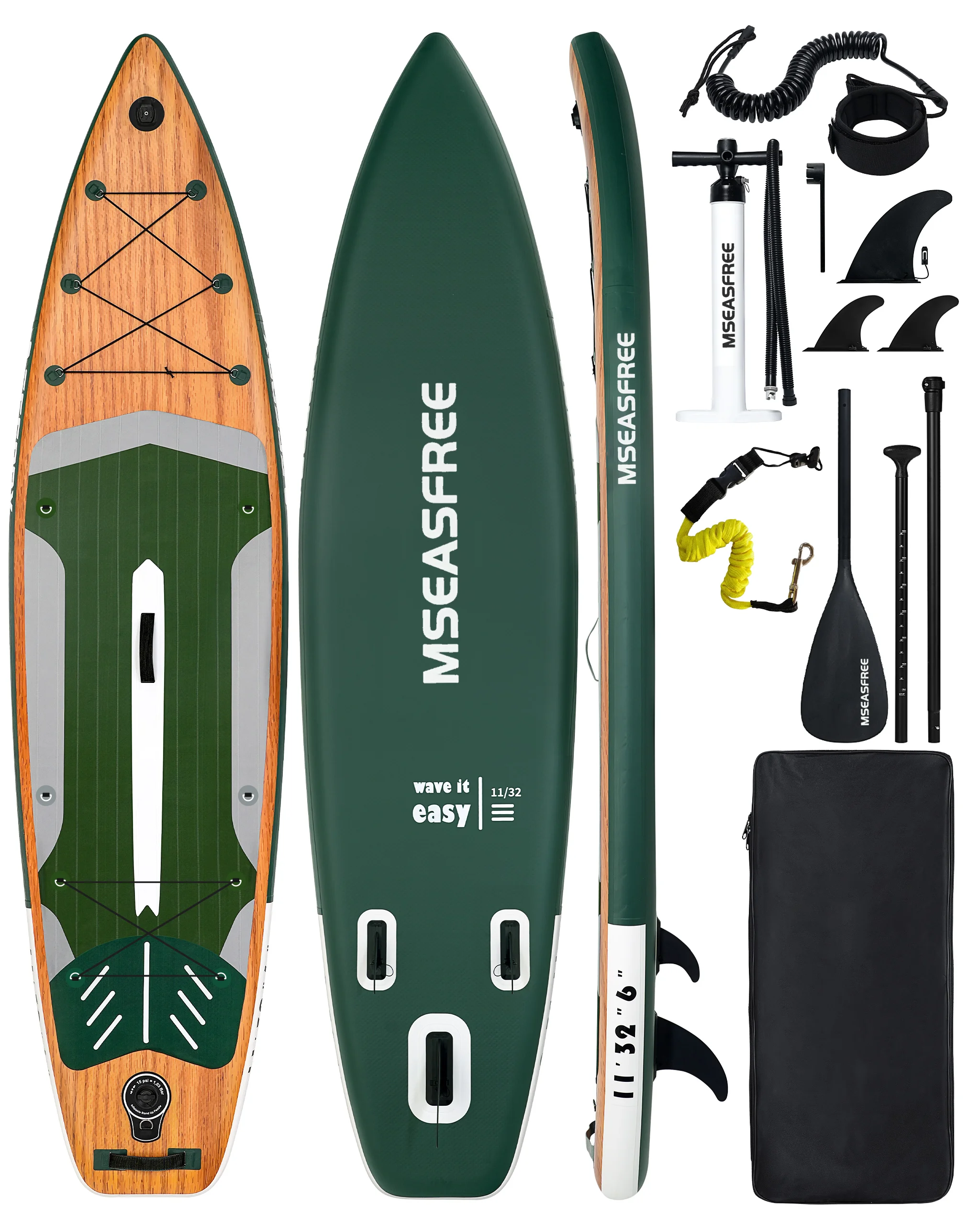 Waterdichte opblaasbare SUP-plank van hout, 11''x32''x6'', voor volwassenen, staande stijl, inclusief accessoires