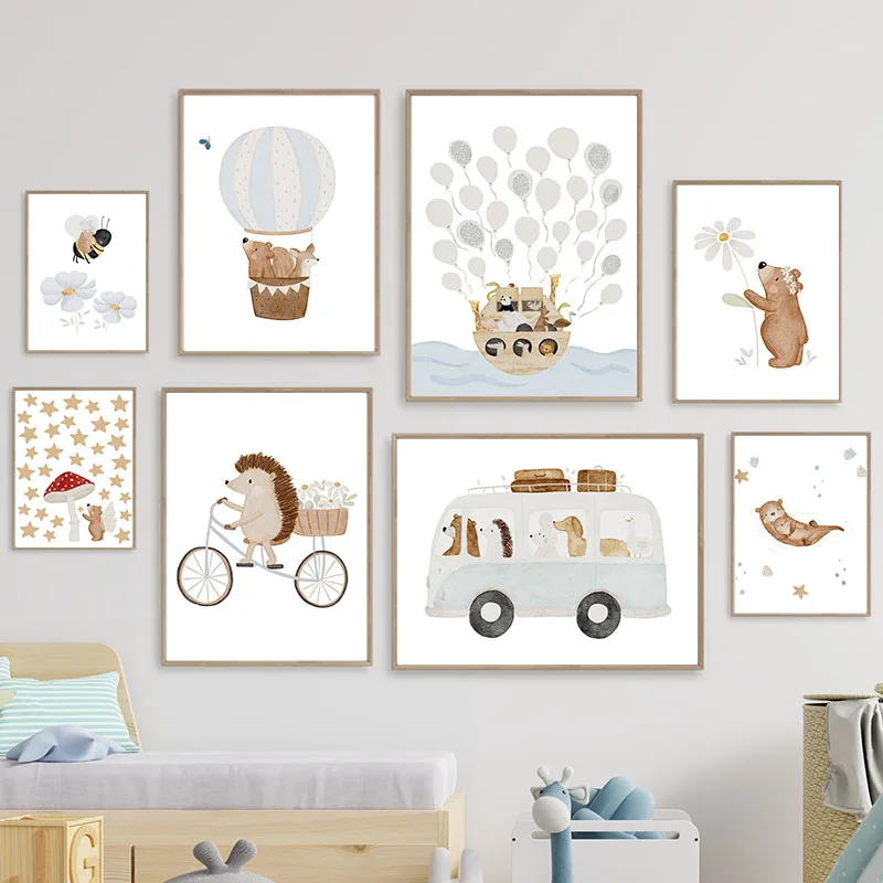 1pc Frameless Boho Cartoon Bear Hedgehog Car Ship Balloon Posters Art Prints Canvas Painting Wall Pictures For Baby Kids Room Ho