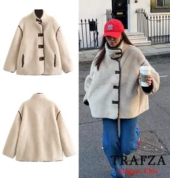 TRAFZA Fall Winter Casual Fleece Loose Coat Jacket Women's High-Collar ButtonCoat Jacket New 2024 Winter Fashion Coat Jacket