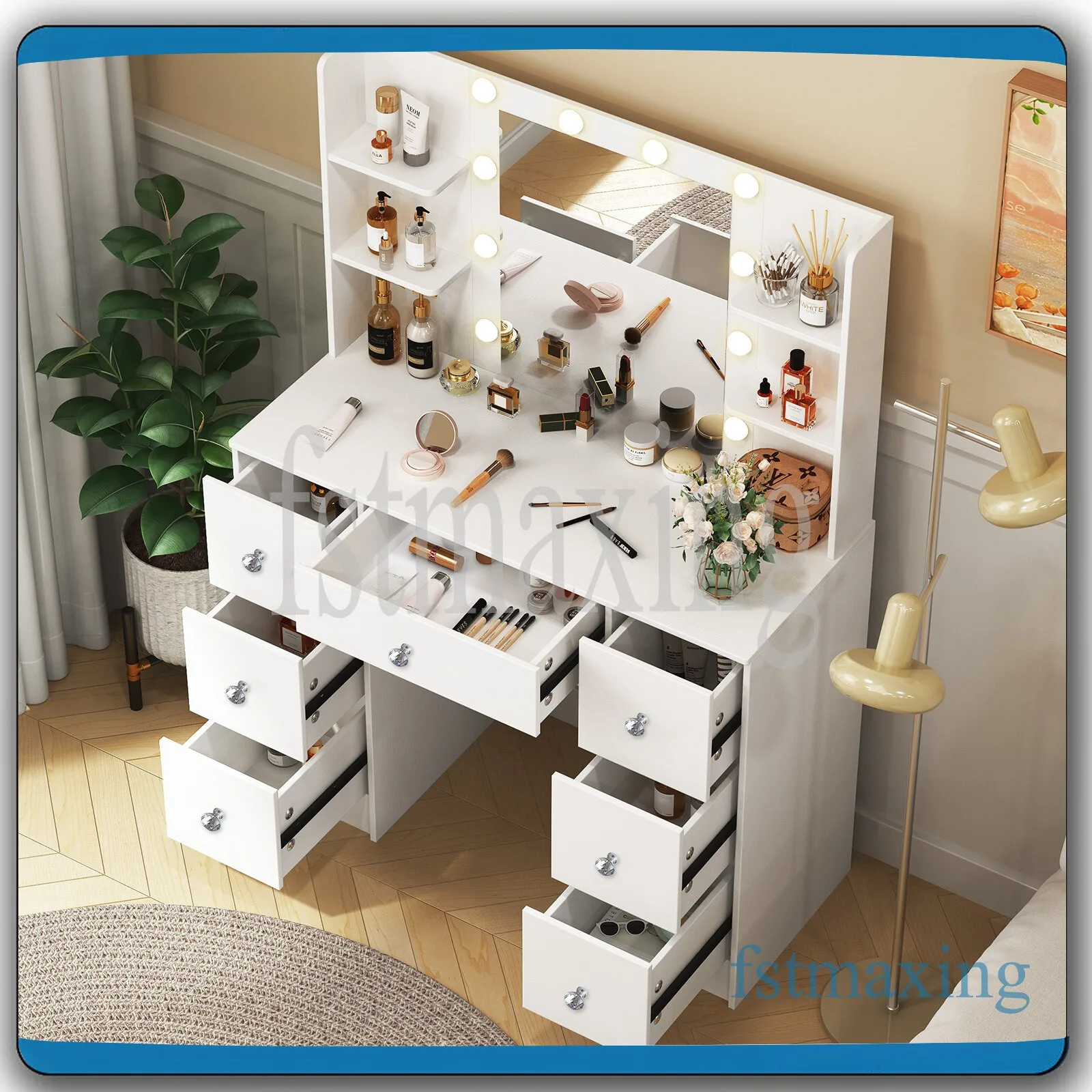 طقم مكتب فانيتي مع مرآة بمصابيح LED و7 أدراج لطاولة تزيين المكياج