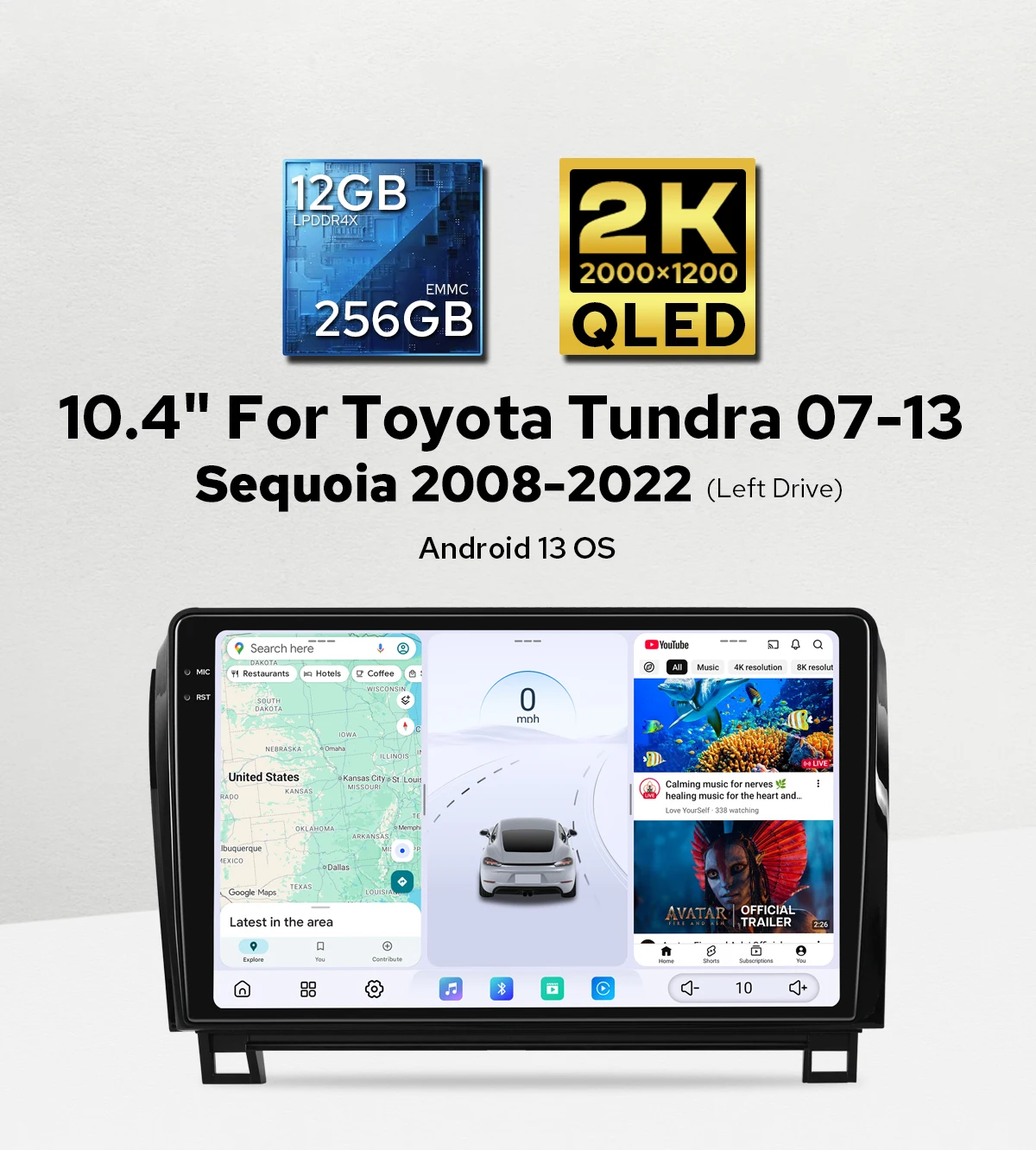 

Высококачественная автомобильная радиостанция с ОС Android 10,4 дюйма для Toyota Tundra 2007-2013/Sequoia 2008+, 12 ГБ ОЗУ, 256 ГБ ПЗУ, 2K, QLED-дисплей, беспроводной CarPlay