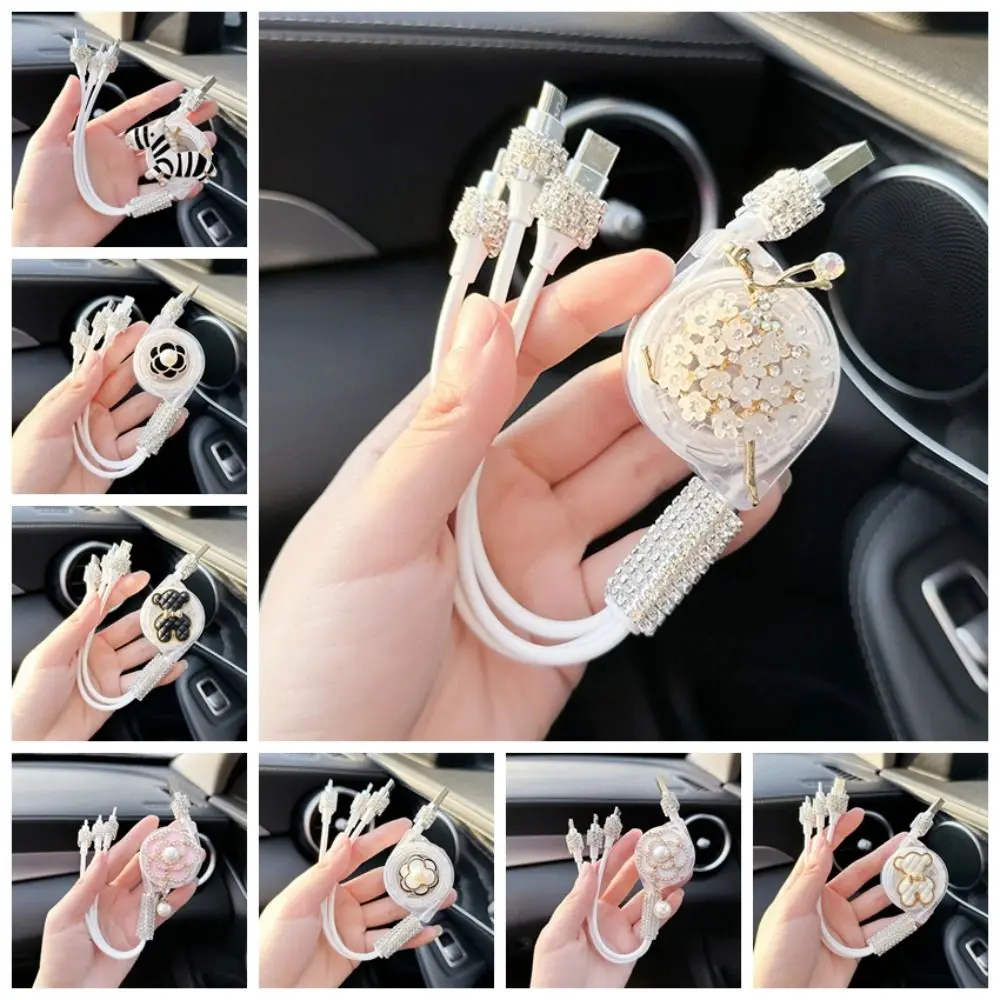 Rhinestone 3 in 1 Car Charger Retractable Car Charger 3 in1 USB Charger Cable 3 in 1 Cute 3 in1 Fast Charger Cord Women