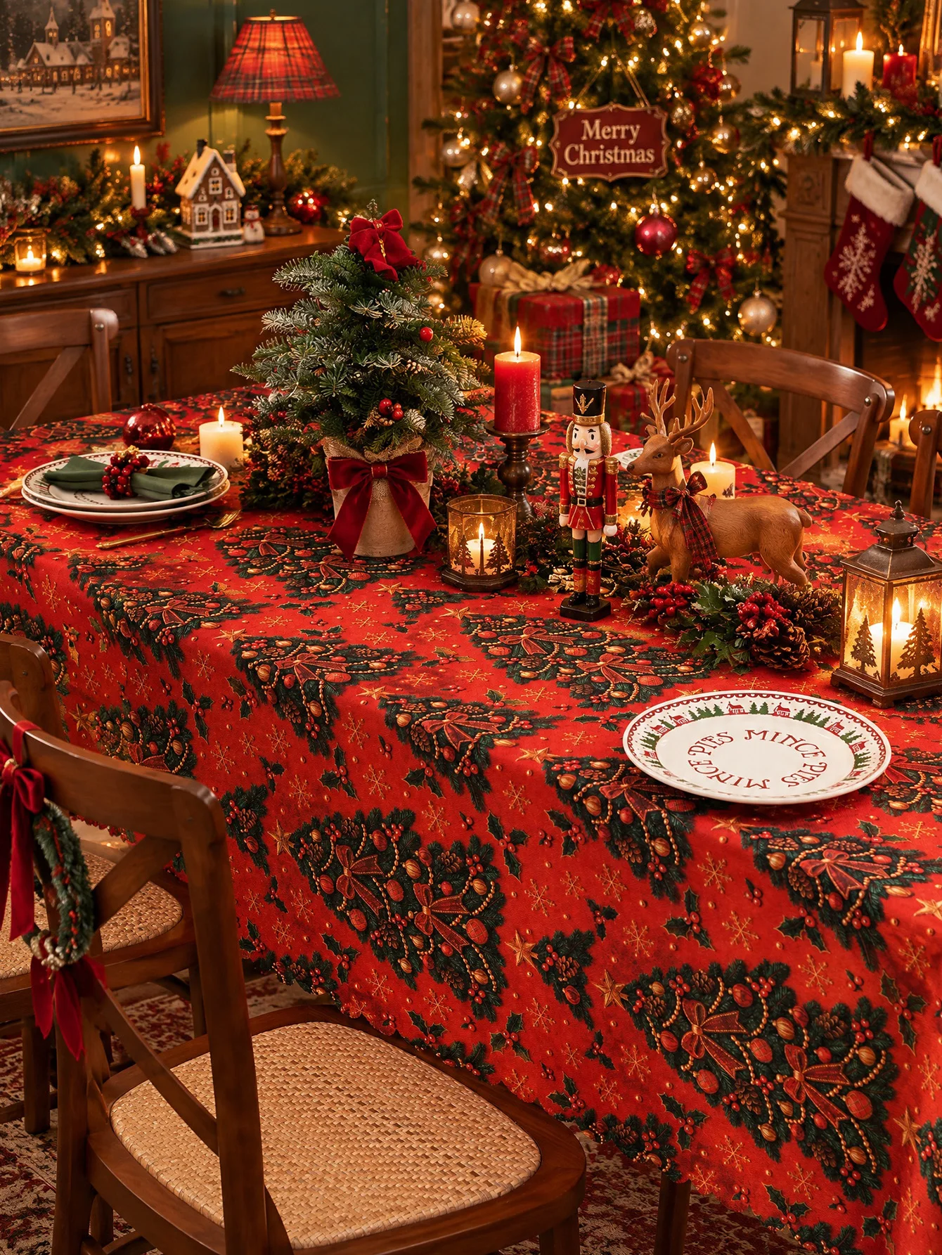 Christmas Tablecloth Black Tree on Red Print Polyester Waterproof Rectangle Table Cover Holiday Party Decor Navidad Natal