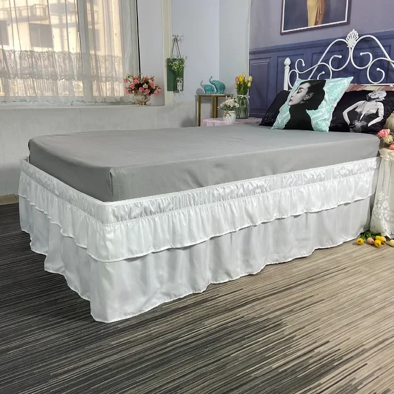 16 Inch White Double Layers Ruffles Queen Bed Skirts Drop With Sturdy Elastic Wrap Around Easy Install Soft Fabric