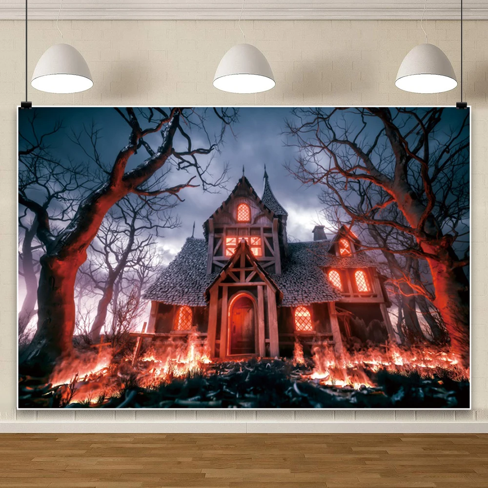 Halloween Spooky House Photography Backdrop Pumpkin Jack O'Lantern Night Castle Halloween Party Floating Spooky Bat Background