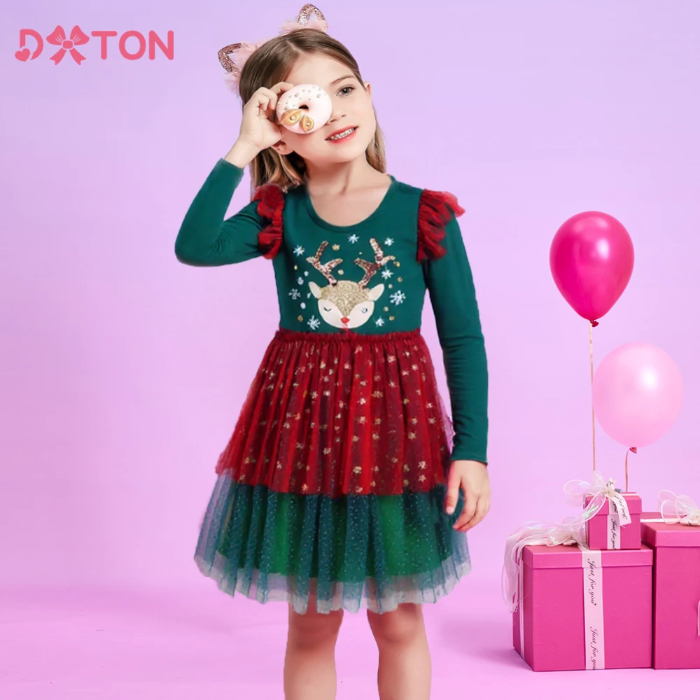 

DXTON Children' Christmas Clothing Layer Mesh Girls Princess Dress Elk New Year Kids Gift Snowflake Xmas Party Toddler Dresses