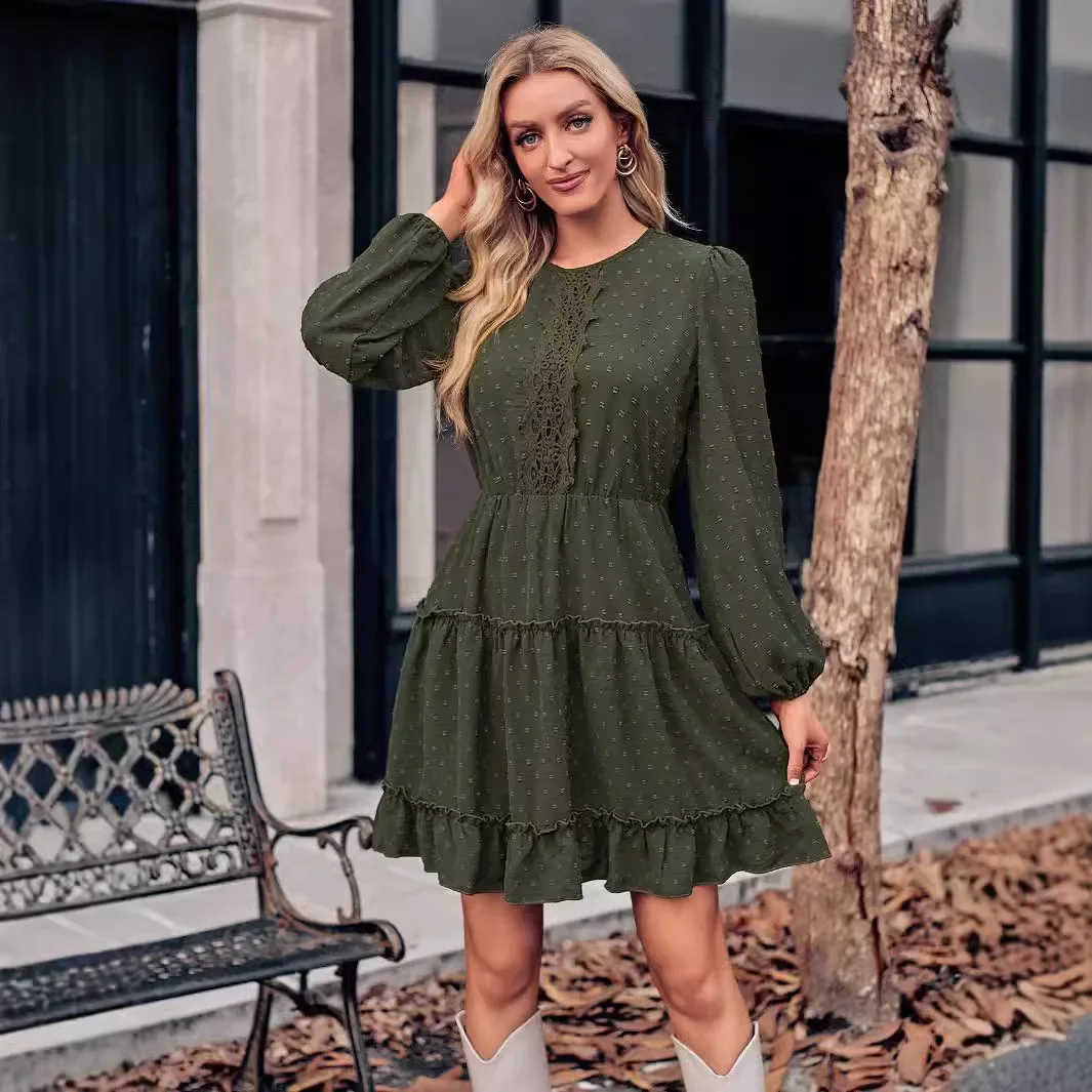 ชุดเดรสสตรีคอกลมผ้าลูกไม้สีทึบเอวสูงชุดมินิเดรสเซ็กซี่ใหม่