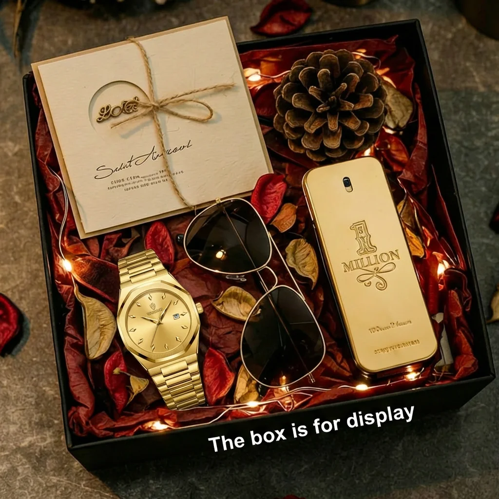 Set de Regalo de 4 Piezas para Hombre: Reloj de Cuarzo con Marcadores de Diamantes en Metal Dorado, Gafas de Sol y Perfume, para Uso Diario y Festividades