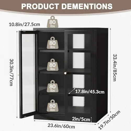 Metal Media Cabinet with 13-Color LED Lights, Stereo Cabinet with Glass Doors & Adjustable Shelves Audio AV Rack with