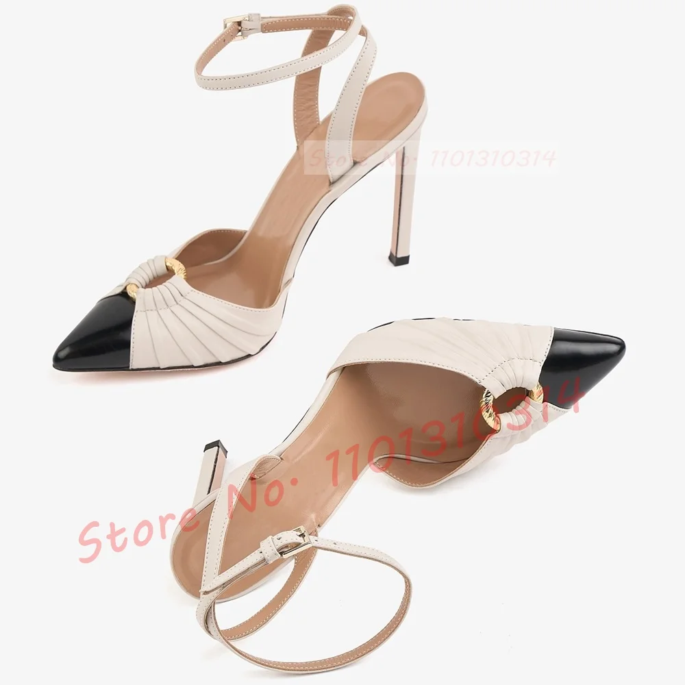 Black Pointy Toe White Heeled Sandals Women Metal Ring Toe Strap High Heels Shoes Summer Mixed Colors Pleated Upper New Sandals