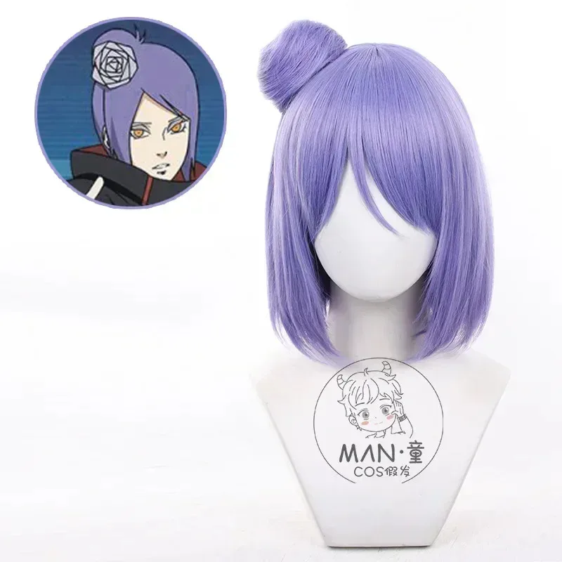 Anime Konan Cosplay Wig Short Purple Women Hair with Bun Heat Resistant Synthetic Wigs +Free Cap