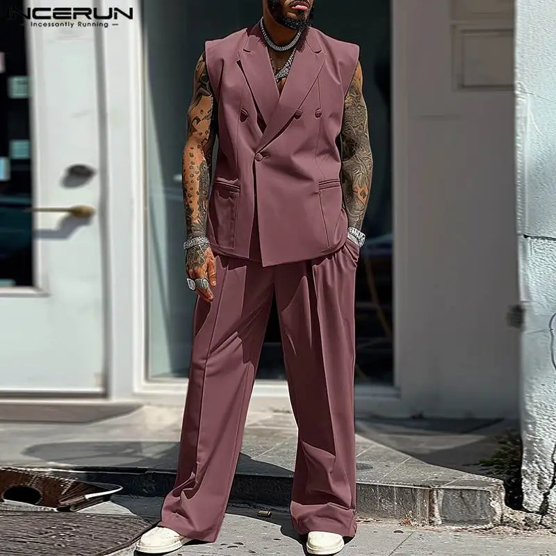 2024 INCERUN American Style Solid Color Sleeveless Sets Casual Insert Pocket Two-piece Suits Street Fashion Oversize S-5XL