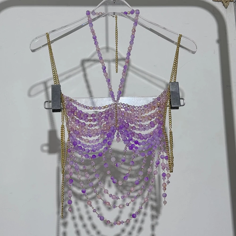 New Beaded Hottie Body Chain Neck Outer Top Halter Bikiini Bra Skirt Hot Set Sexy Backless Sleeveless Top Belt Beahwear Lingeie