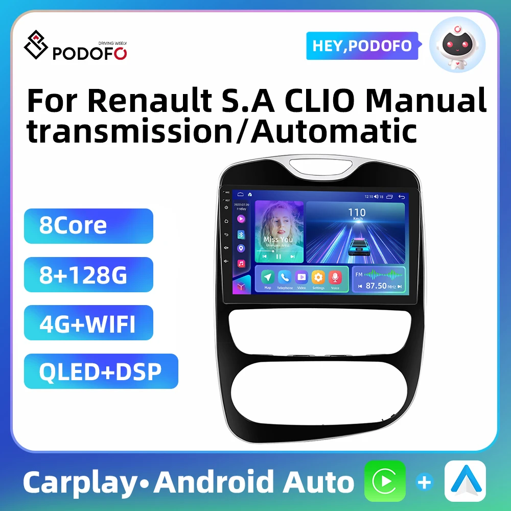 Podofo 2 Din Car Radio For Renault S.A CLIO Manual transmission /Automatic 2013-2018 DSP Android Radio GPS Stereo Carplay Auto