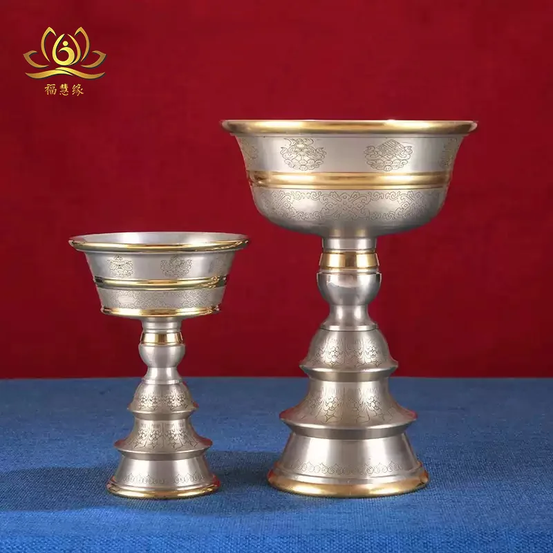 Tibetan-style copper, handcrafted, eight auspicious symbols, round-bottom butter lamp stand, home decoration, used for offer
