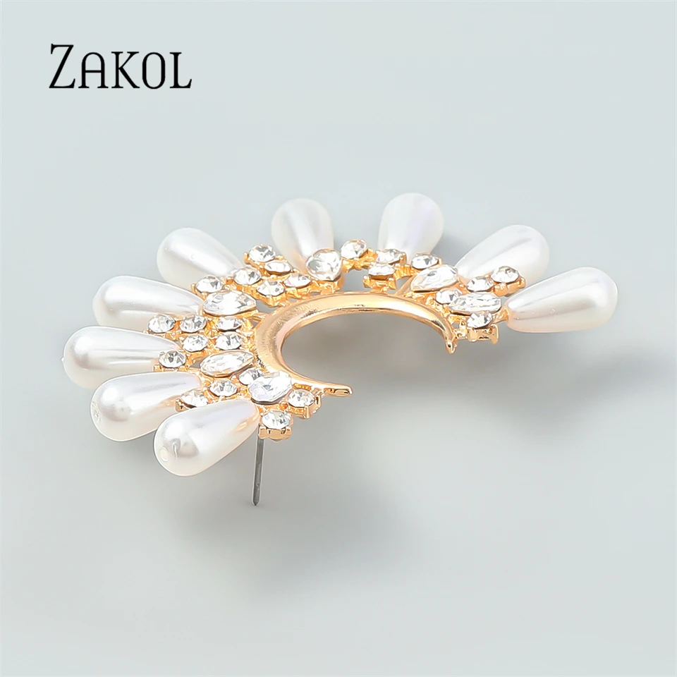 ZAKOL New Big Imitation Pearls Stud Earrings For Women Moon Shape Crystal Rhinestones Earrings Party Jewelry Gifts