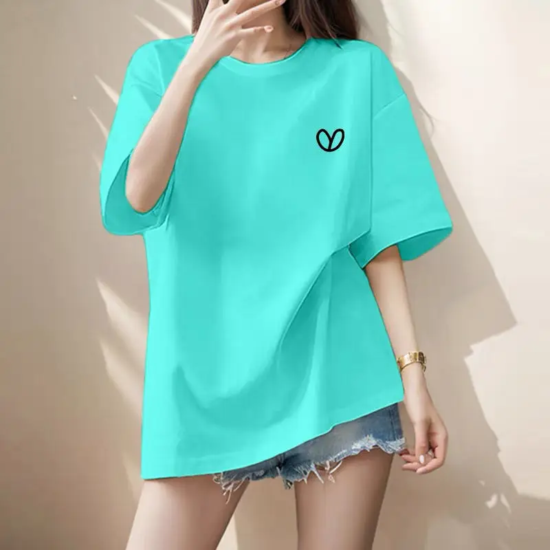 Women's Clothing Vintage All-match Pure Cotton Short Sleeve T-shirts Summer Casual Loose Chic Little Love Top Tee Lady Pullovers