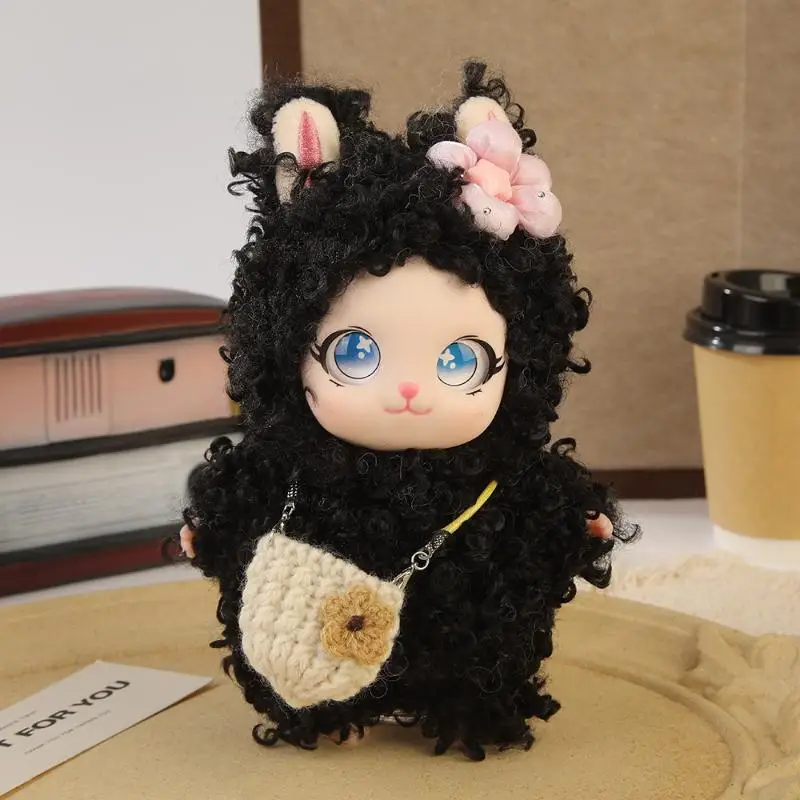 Stuffed Plush Bunny Toy Fluffy Curly Hair Glowing Big Eyes Mini Carrying Bag for Kids Daily Play Gifts