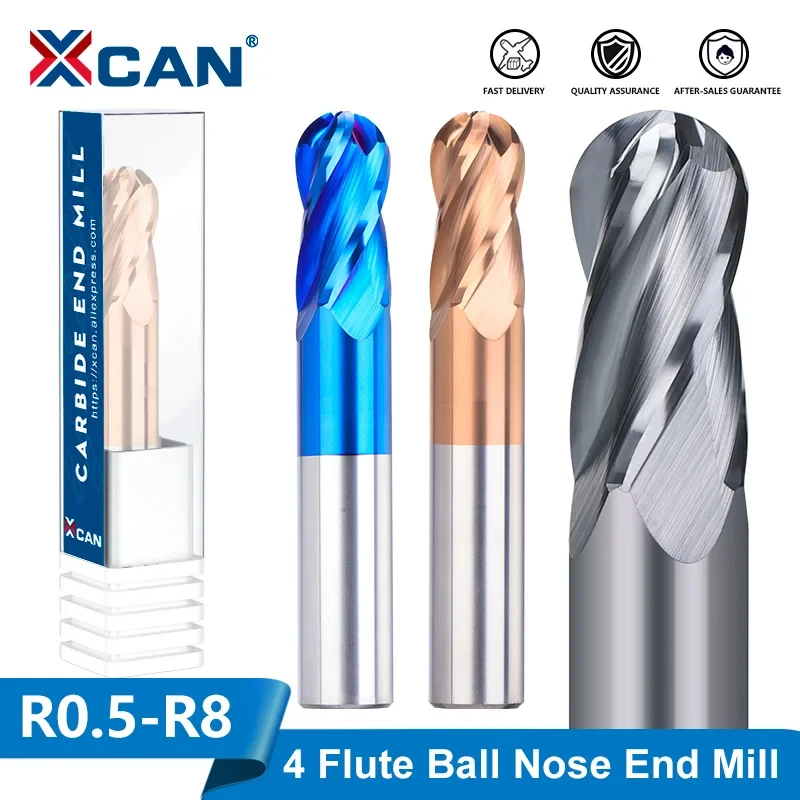 XCAN Milling Cutter 4 Flute Ball Nose Carbide End Mill CNC Milling Tool Spiral Router Bit for Metal Copper Steel R1.0-R8.0