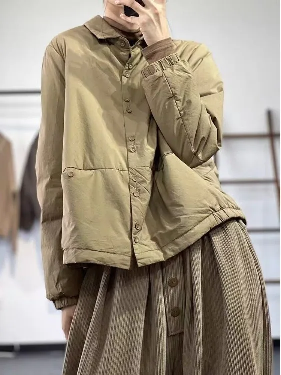 

Authentic Fall Winter Loose Casual Korean Sle Pure Color Lapel Cotton Jaet Women's Thiened Long Sve Coat