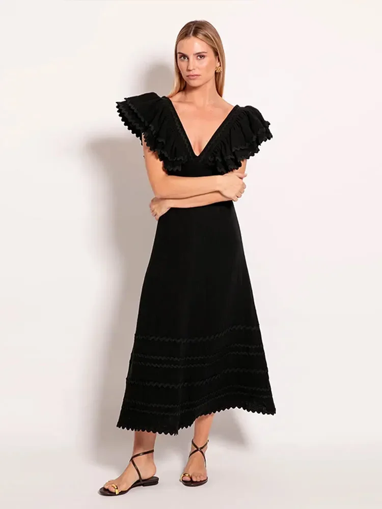 Women Elegant Layered Ruffles Pleated Solid Maxi Dress Chic V Neck Sleeveless High Waist Long Dresses Summer Lady Street Robes