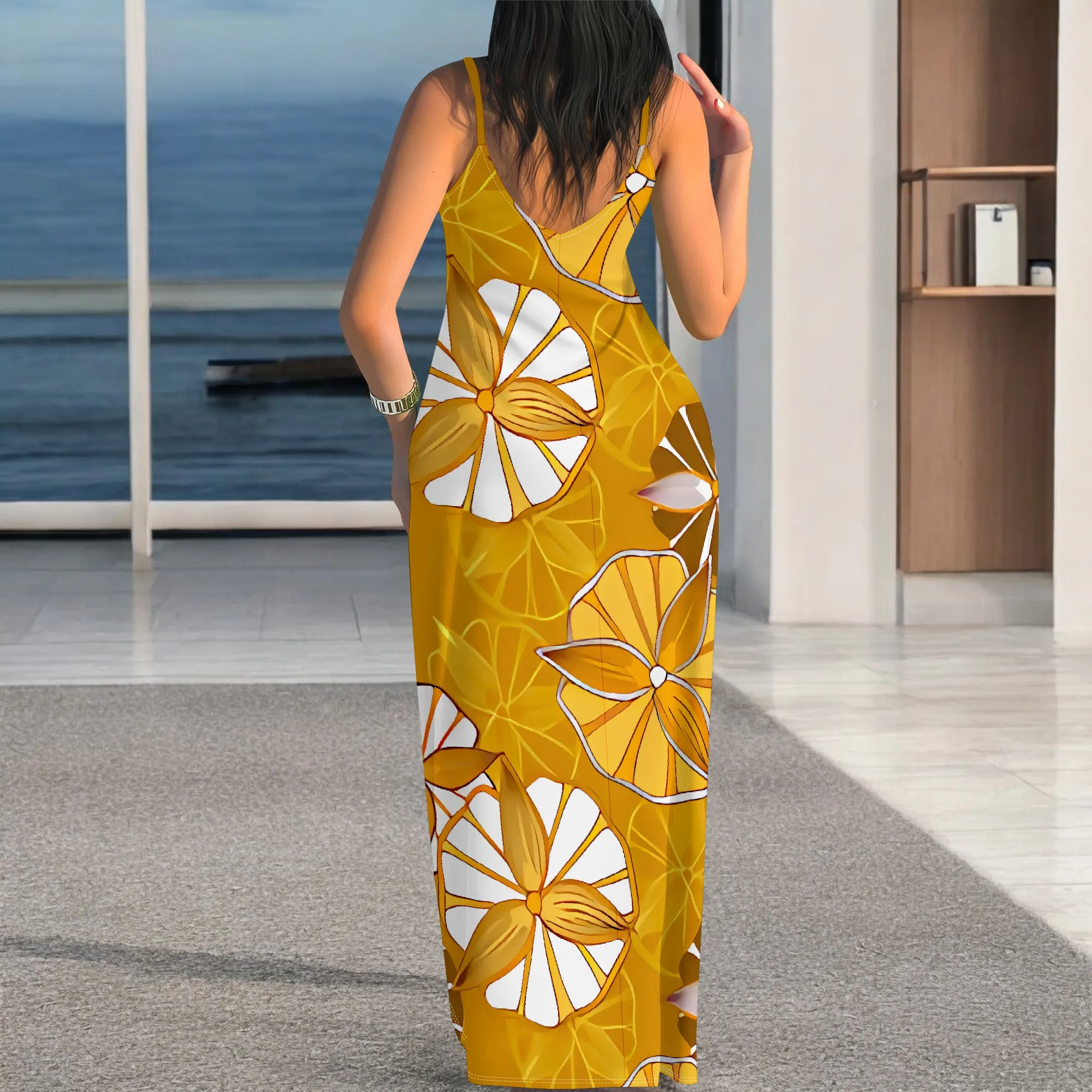 Boho Spaghetti Strap Maxi Dress Women Yellow Floral Print Vacation Sleeveless Sundress