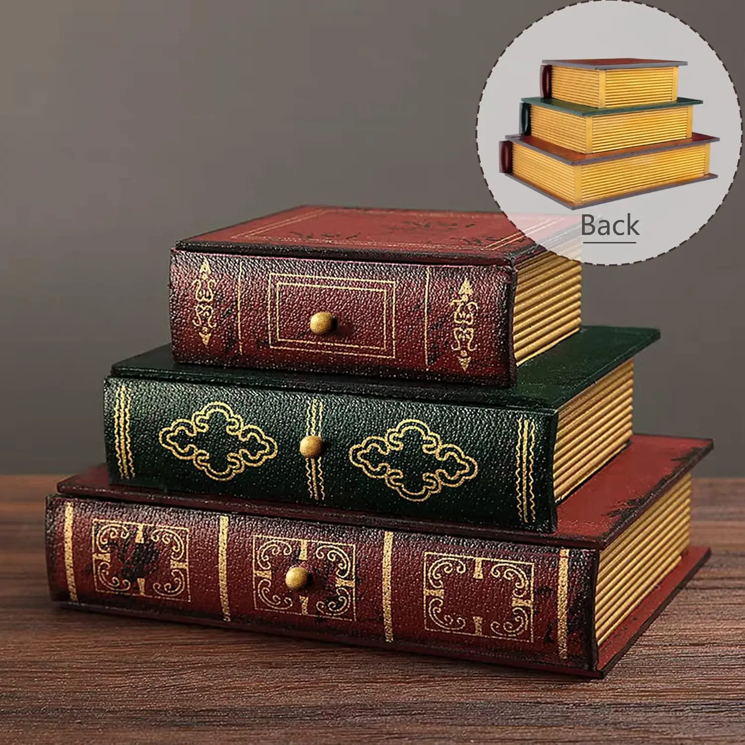 

Vintage Decorative Organizer Wooden False Book Storage Box Jewelry Box with Three-layer Drawers (312)