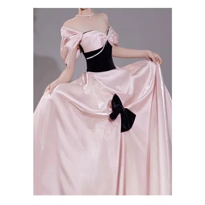 كوريا الأميرة الوردي قبالة الكتف فساتين السهرة صورة تبادل لاطلاق النار الأكمام Bowknot الحرير الساتان فساتين حفلات الزفاف فستان الحفلات 2025 جديد