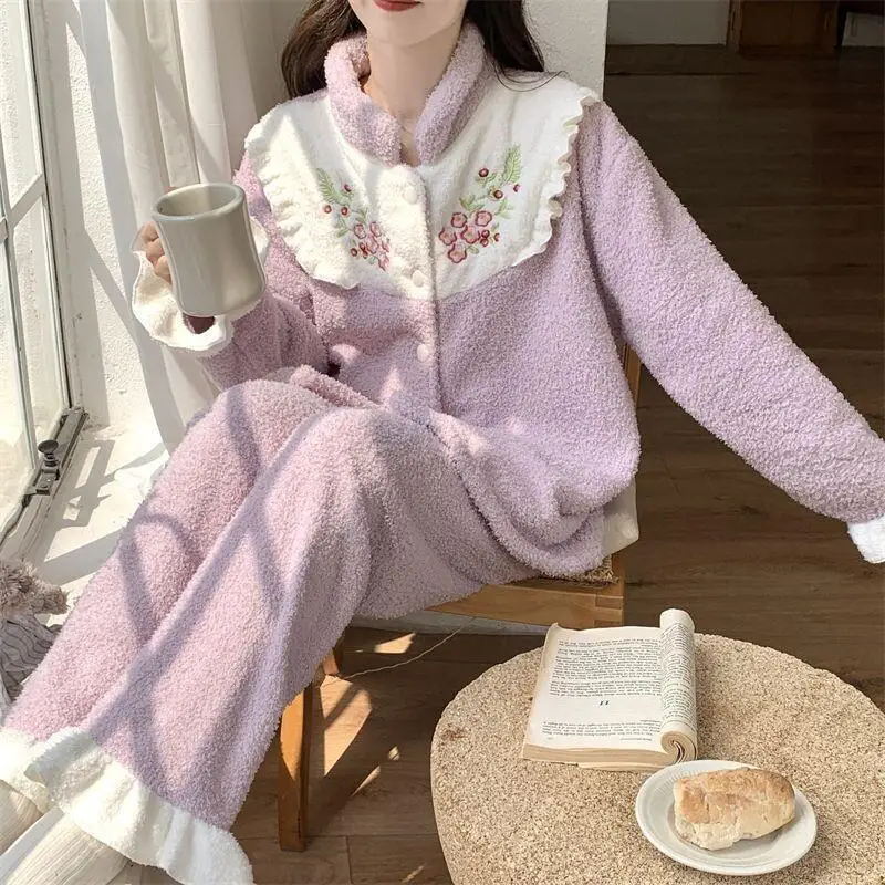 

Осенне-зимние женские пижамы из кораллового флиса, утепленный комплект из двух предметов, удобная одежда для сна, новая модель, свободная пижама, домашний костюм
