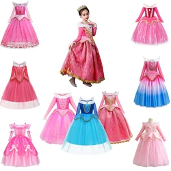 Aurora Princess Cosplay Dress Girls Long-sleeved Mesh Dress Winter Velvet Children Beauty Fancy Dress For Party Christmas