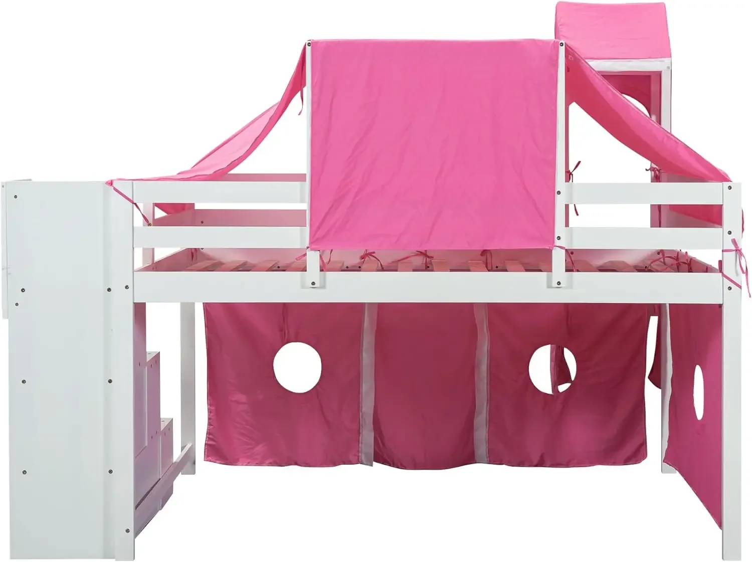 Harper & Bright Designs huishoogslaper met glijbaan en opbergtrap, houten kinderhoogslaper met tent en toren, speelhuiszolder