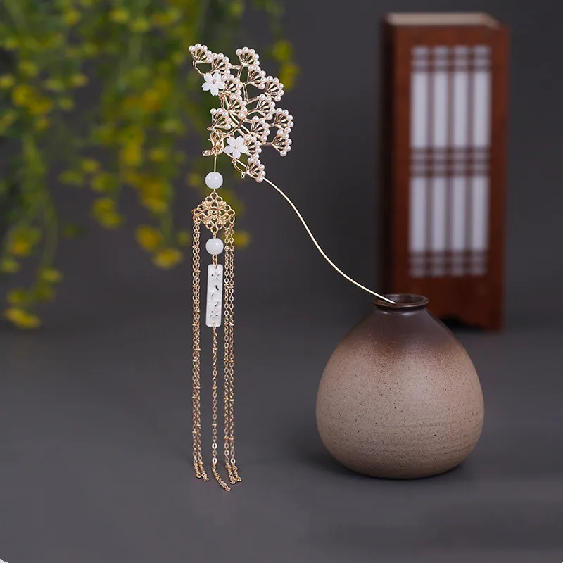 FORSEVEN Classical Flower Simulated Pearls Tassel Hair Clasp Decor Chinese Traditional Style Hair Stick Hair Pin Hanfu Headwear