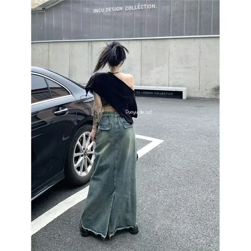 Women's Blue Denim Half Body Skirt Tassels Bottoms High Waist Casual Korean Mid Length Skirt Baggy Vintage Female Long Skirts