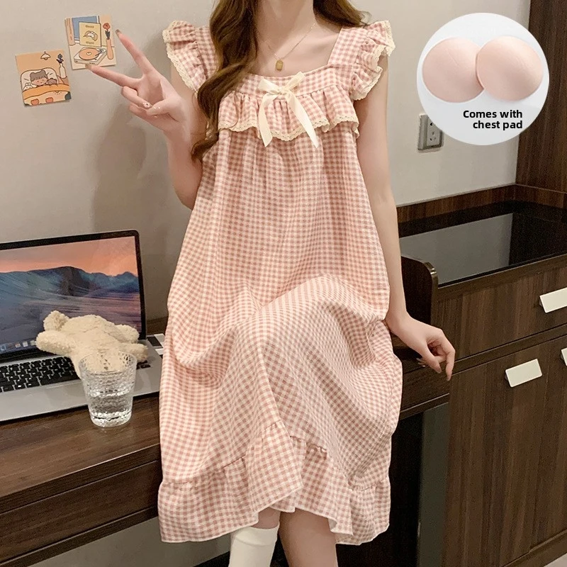 New Plaid Nightgown For Women, Summer Camisole With Chest Pads, Mid-Length, Thin, Loose-Fitting Home Wear