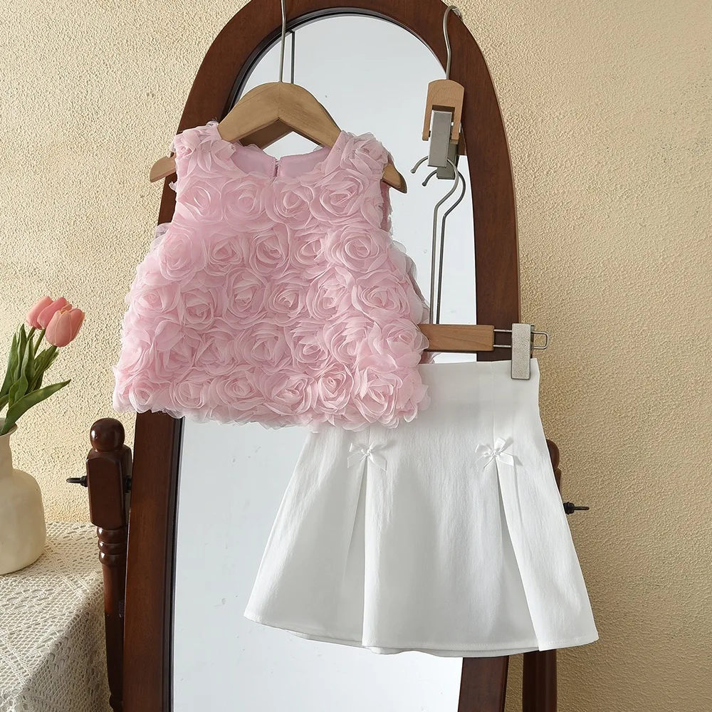 2026 New Children Clothing Girls Summer Set Three-dimensional Flower Vest Short Skirt Two-piece Set