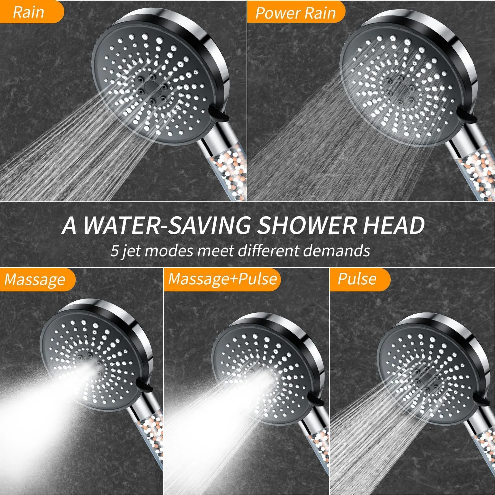 5 Mode Handheld Shower Head with Filter High Pressure Large Panel Negative Ion Hard Water Softener