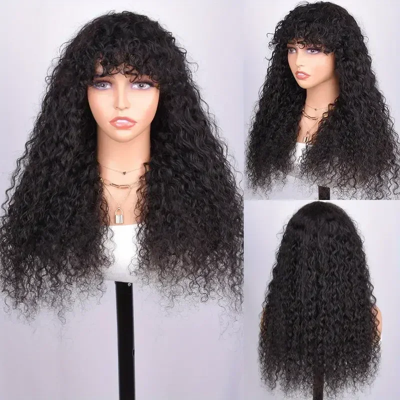 Water Wave Curly Wigs With Bang 100% Human Hair For Women Full Machine Made Water Wave Bob Wigs With Bangs Pelucas 180% Density