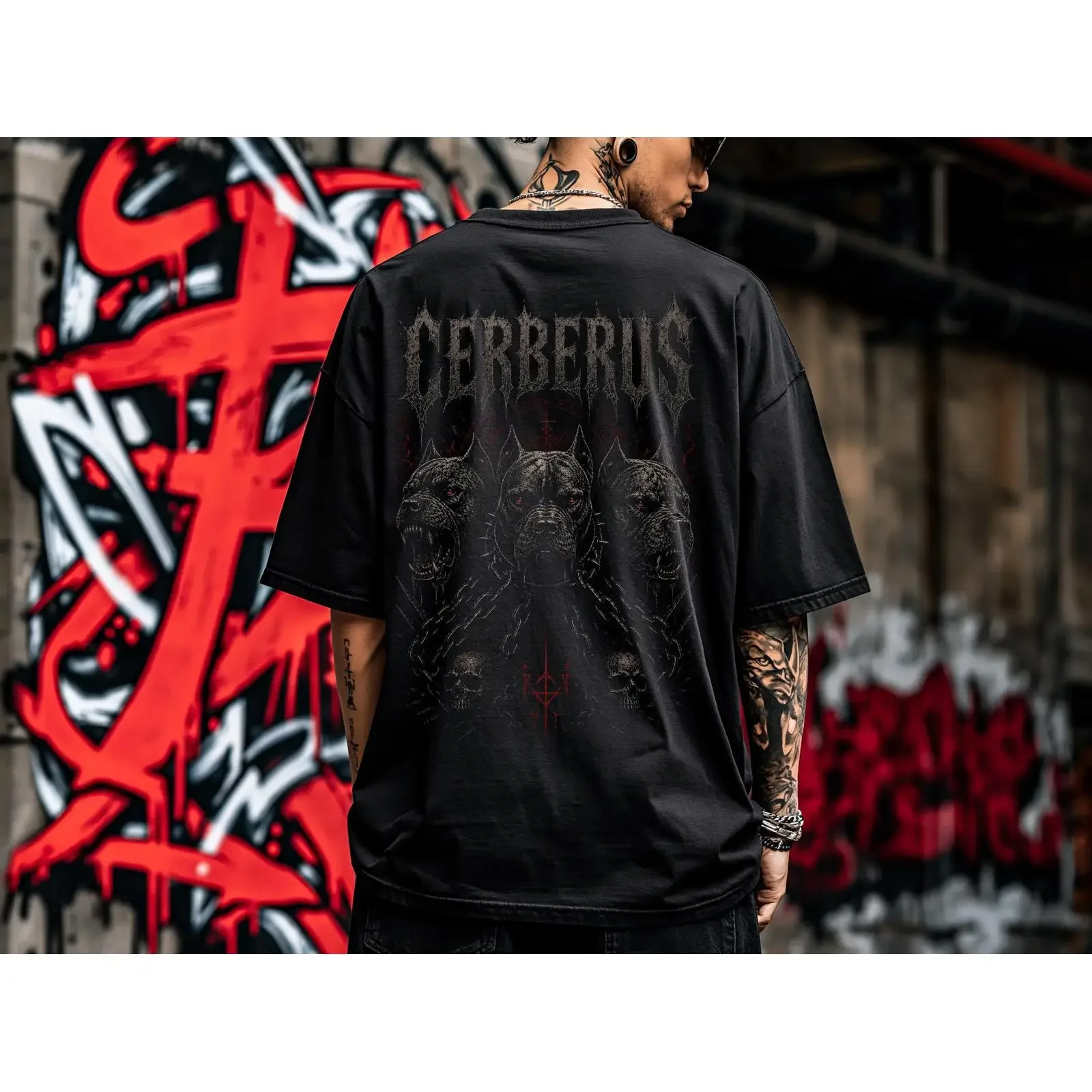 Cerberus T Shirt Dog For Men Emo Streetwear Three Headed Pitbull Dad Oversized  vintage Washed Casual streetwear graphic