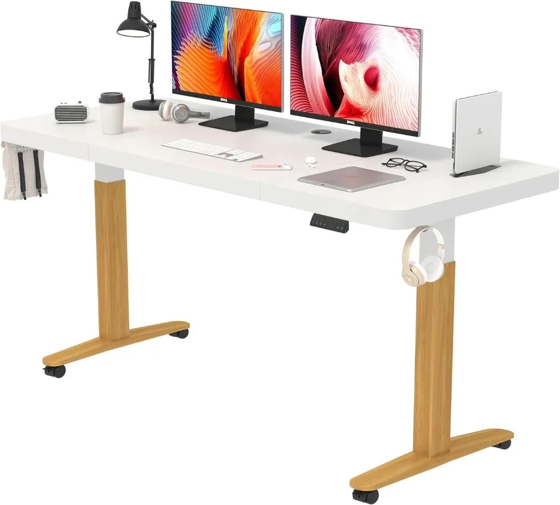 55 X 28 Inches Height Adjustable Desk, Ergonomic Stand Up Desk with Memory Preset Controller (White Top/Wood Grain Frame)