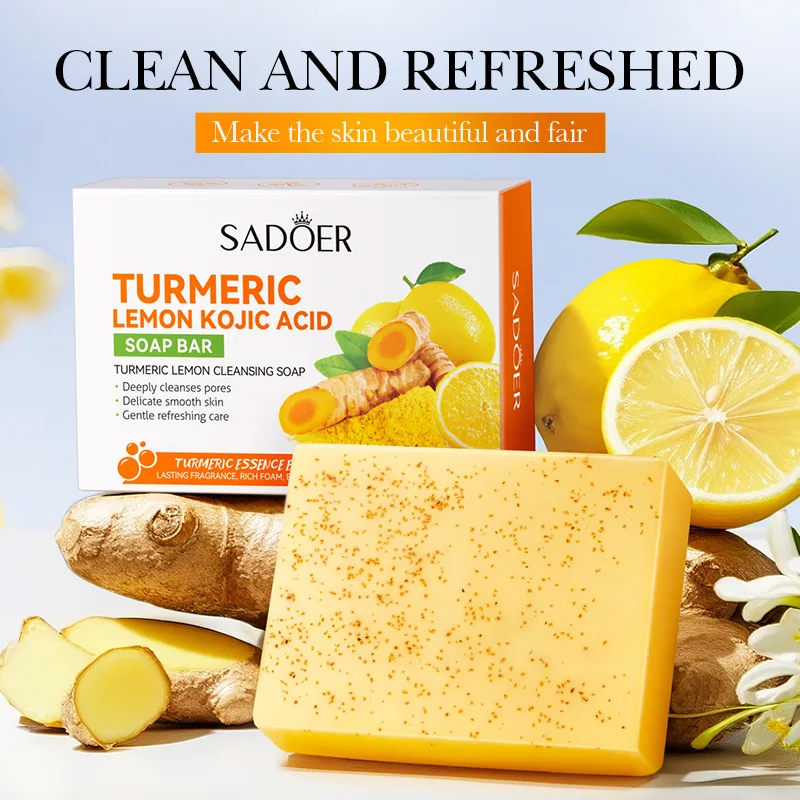 

100g Turmeric Lemon Cleansing Soap, Containing Turmeric, Lemon Extract, and Other Skin-Beneficial Ingredients Like Quercetin, Gently Cleanses the Skin of Dirt and Oil. Improve Rough Skin, Making It Clean, Smooth, White, and Beautiful.