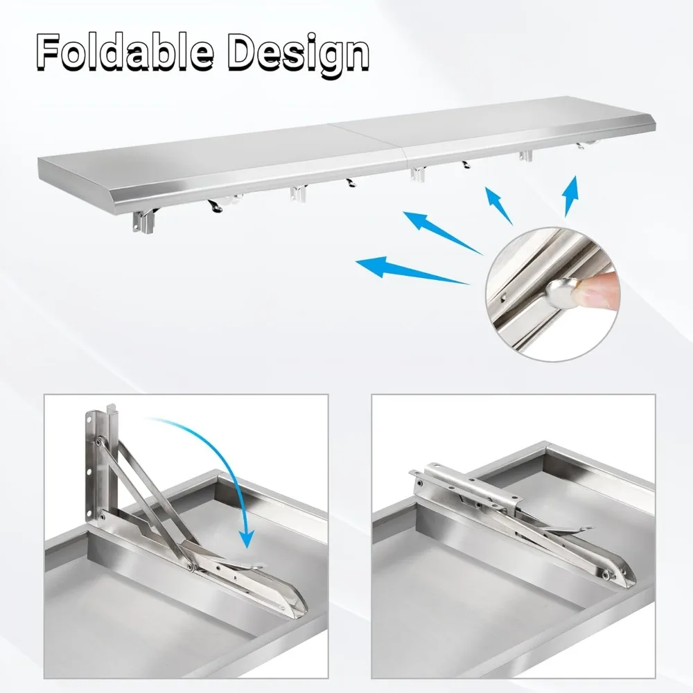 48 Inch by 12 Inch Stainless Steel Folding Concession Shelf for Food Serving at Drop Down Windows