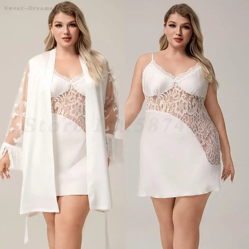 

White Large Size 5XL Sleepwear Nighty&Robe Set Sexy Lace Patchwork Mini Nightdress Bride's Morning Gown Bathrobe Home Clothes