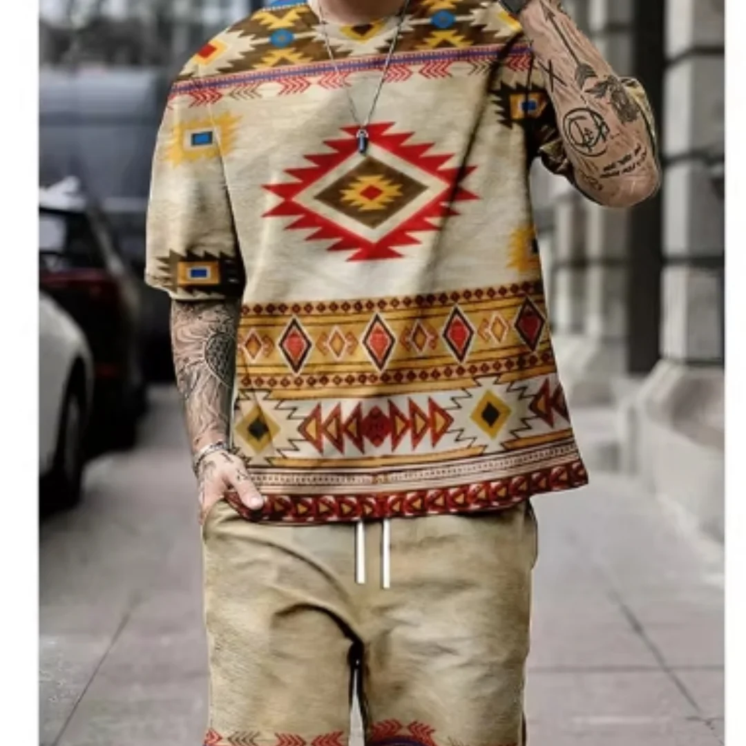 Summer Retro ethnic Style Men\'s Shorts Sets Casual T Shirts+Shorts 2PCS Outfits 3D Print Man Clothes Oversized O-Neck Sportswear