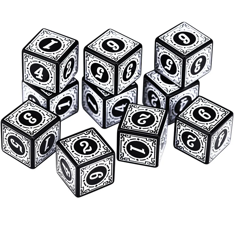 10PCS/Set Acrylic Dice Set D6 Carved Pattern Polyhedron Dice 6-sides Game Dice for RPG Dungeons and Dragons Board Game