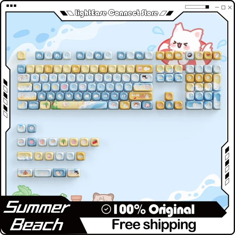 2024 New Summer Beach Theme Key Cap 127key Oq Profile Pbt Thermal Sublimation Mechanical Keyboard Blue Anime Cartoon Cat Key Cap