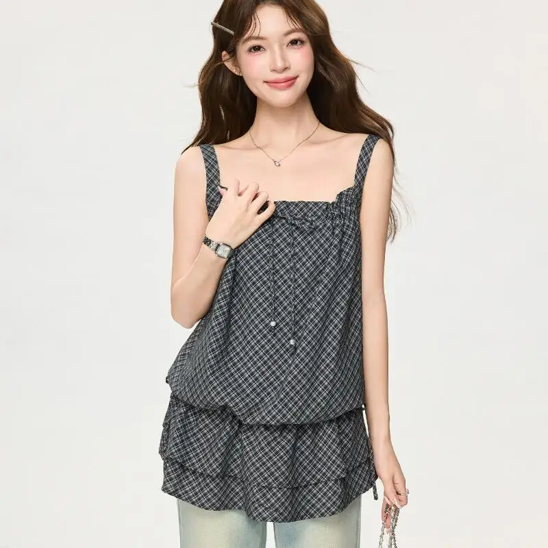

Gentle Style Double-Layer Ruffle Edge Plaid Suspender Women's 2026 Summer Fashion Drawstring Tied Top Short Sleeve T-Shirt