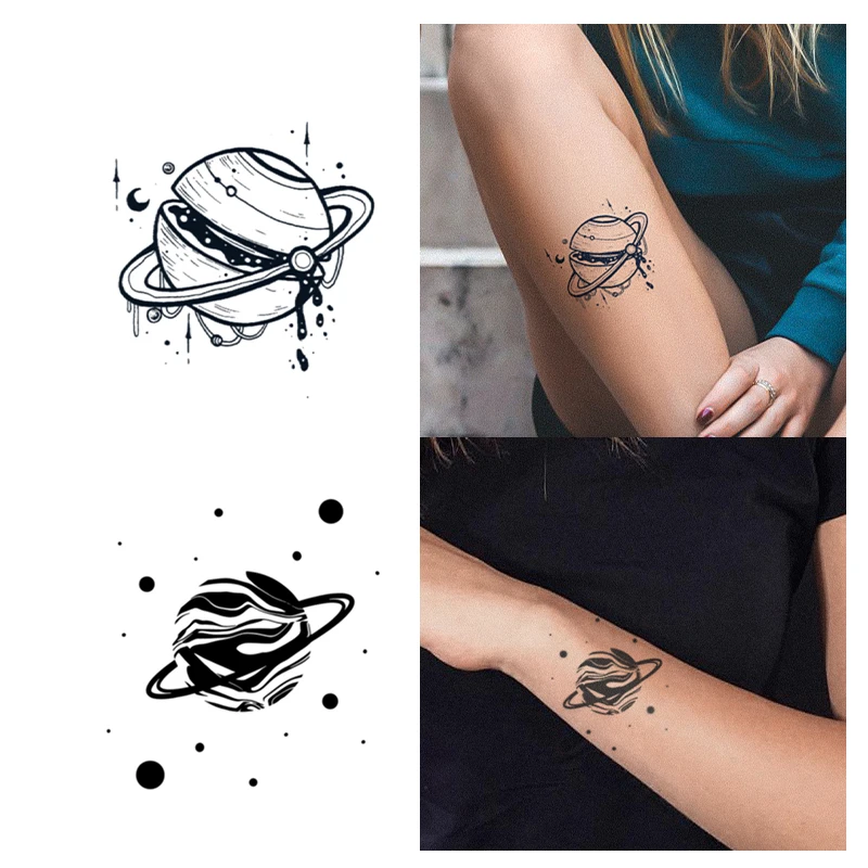 2pcs Geometric Planet Temporary Tattoo Sticker for Women Men Outer Space Planet Design Water Transfe Minimalist Fake Tattoo