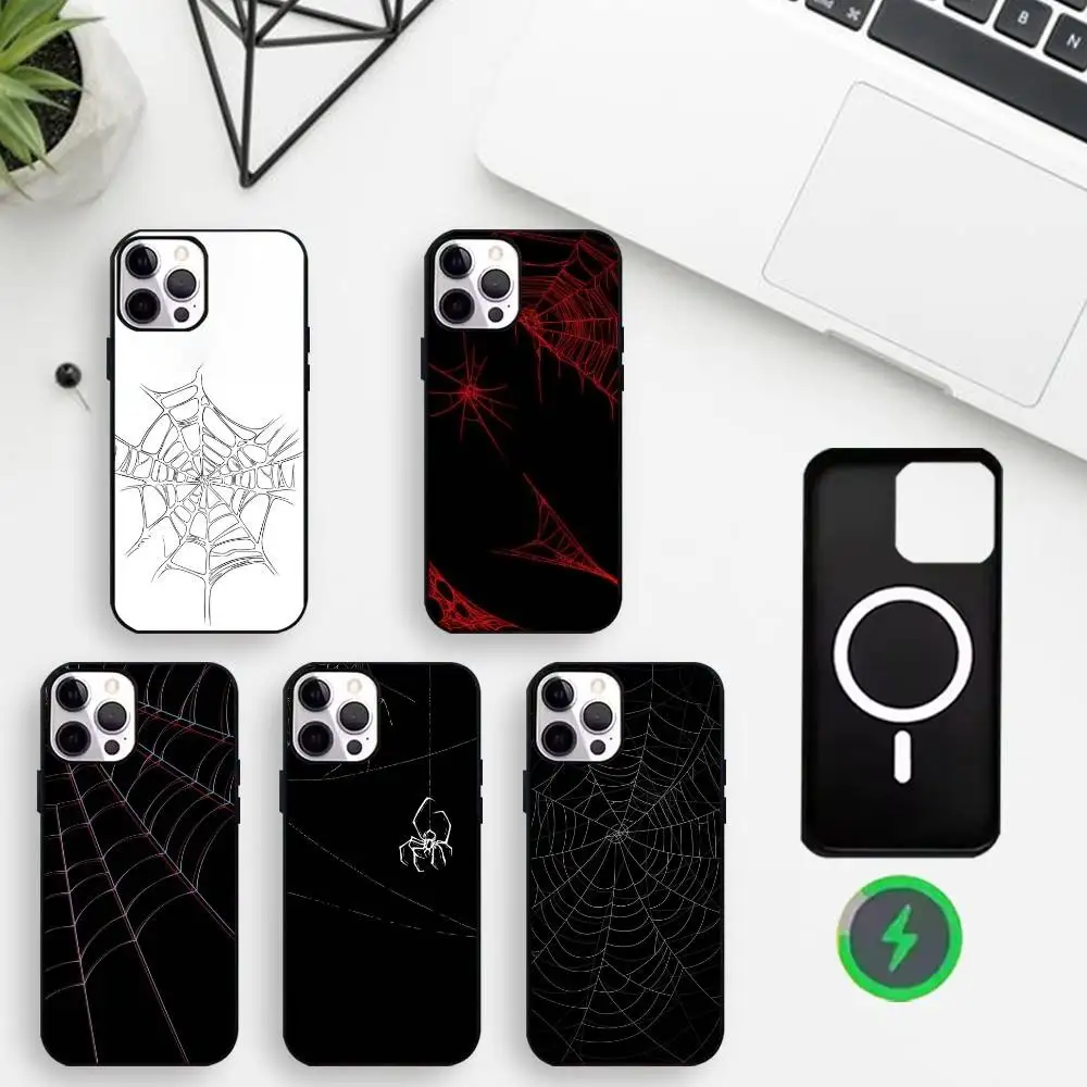 

Spider web pattern Phone Case For iPhone17,16,15,14,13,12,11 Max Black Wireless Charging Protecitve Cover